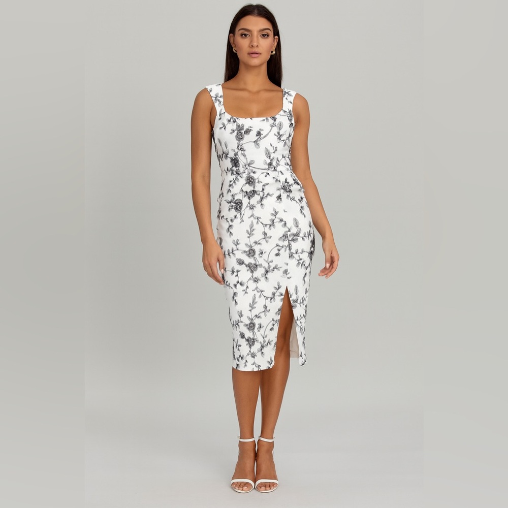 New Bariano Australia Black White Floral Embroidered Peplum Midi Dress - Size 4